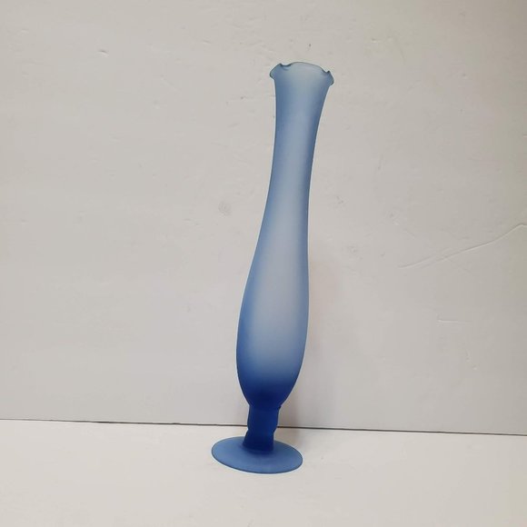 Vintage Frosted Blue Satin Glass Bud Vase, 10" Ruffled Edge Tulip Vase - Picture 2 of 9